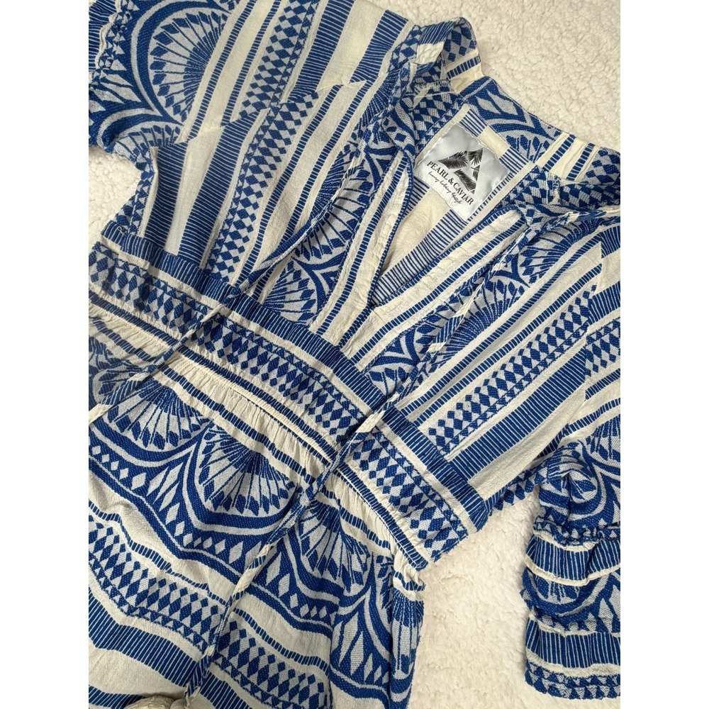 Pearl & Caviar S/M Blue White Geometric Print Tassel Midi Dress Pockets Boho - Picture 4 of 10